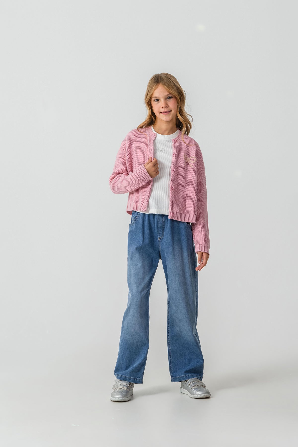 Set de tricot triplu Tuffy cu broderie Panglică pentru fete-03135 - Roz