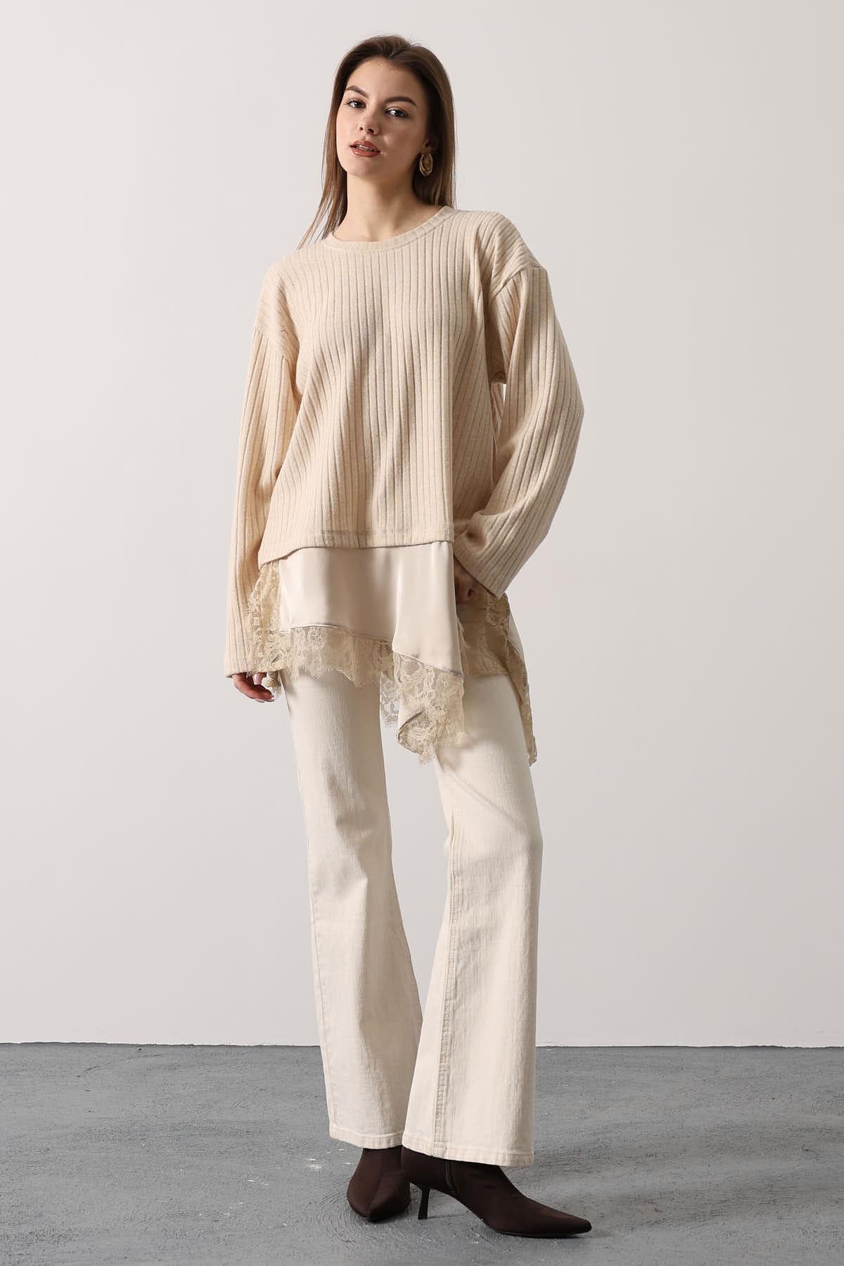 BLUZA ASIMETRICĂ CU DANTELĂ - Bej