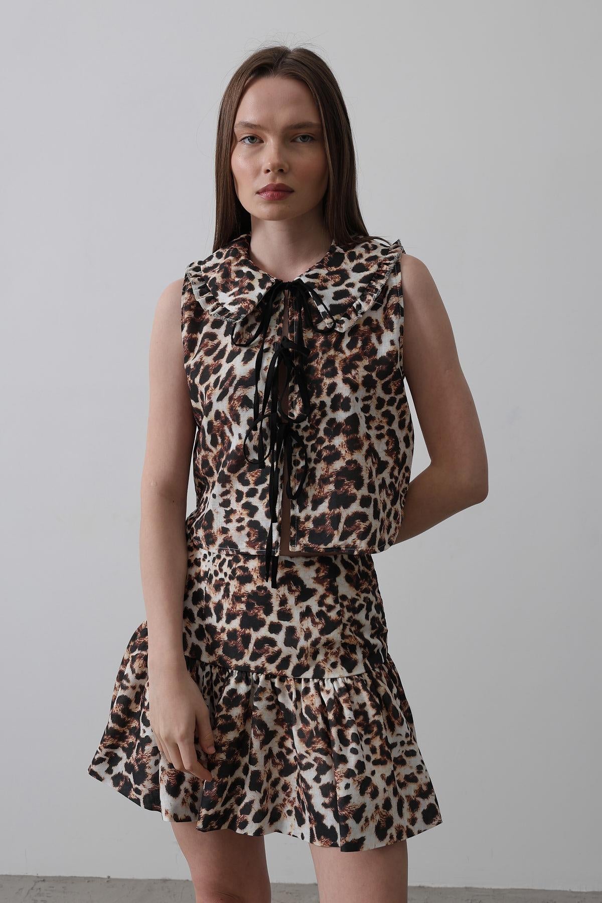 Bluză cu Detaliu Fundă - Leopard