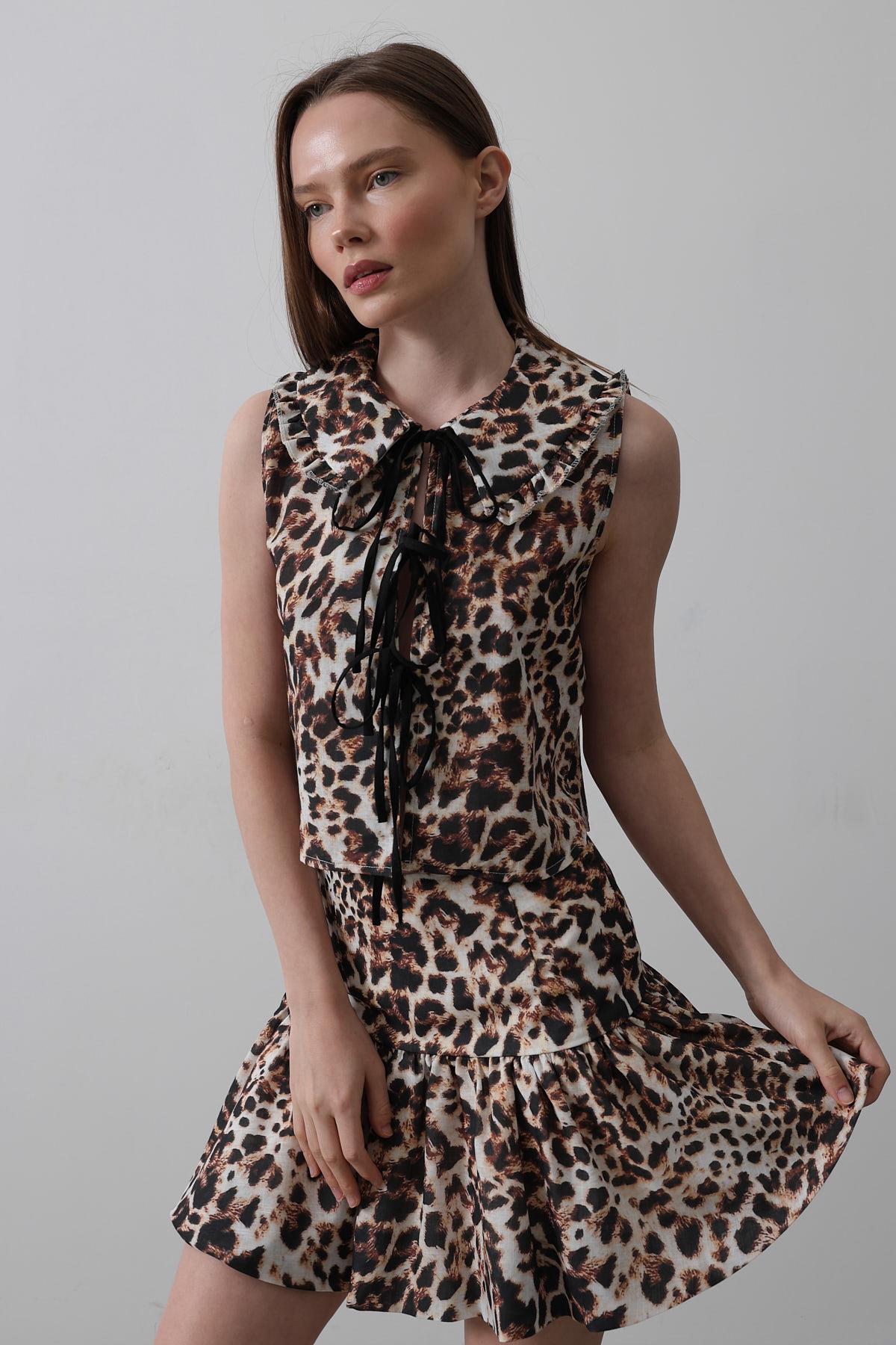 Bluză cu Detaliu Fundă - Leopard