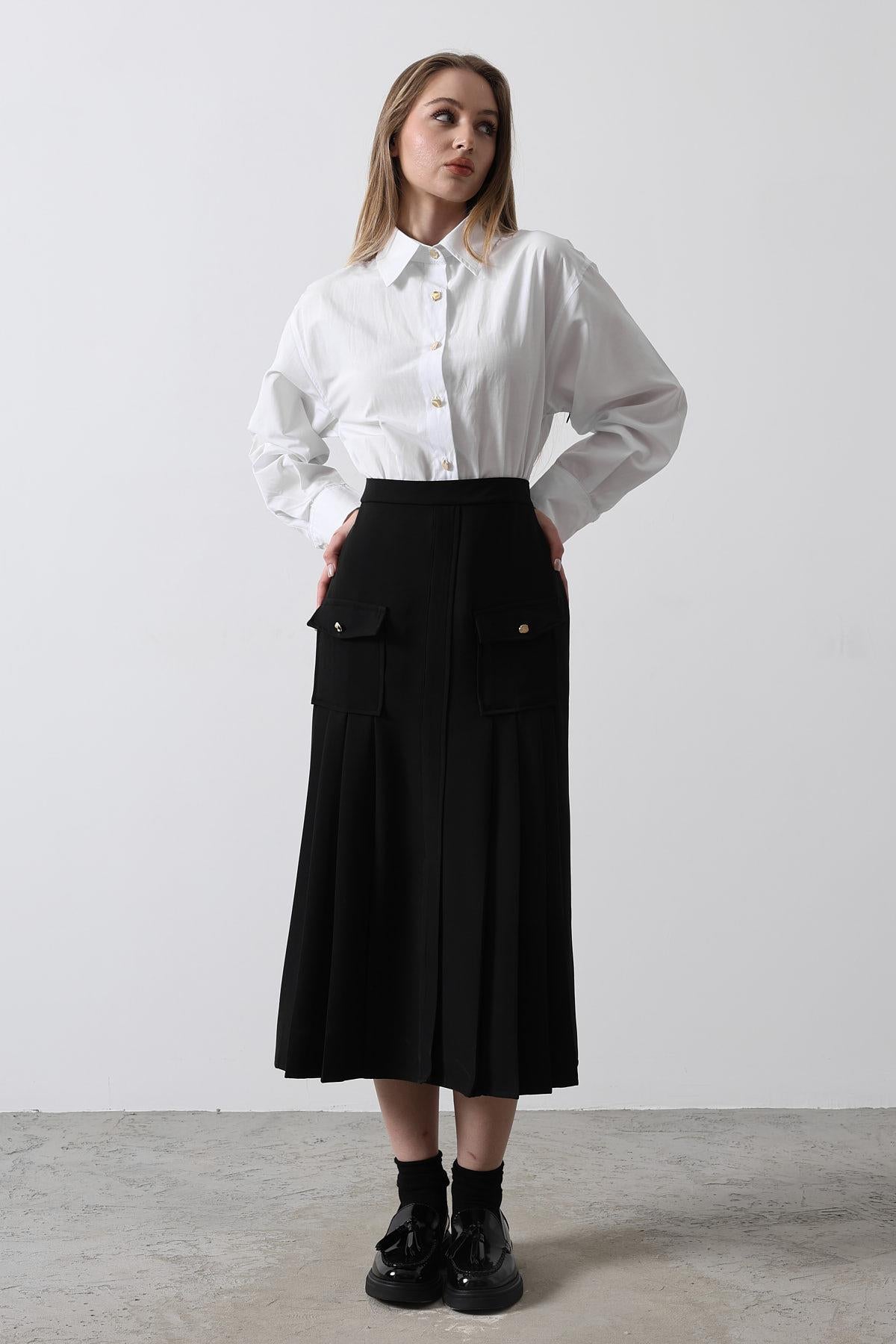 Rochie Cămașă Pliuri Contrast - Alb