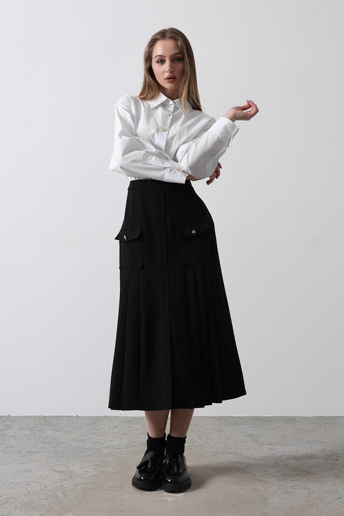 Rochie Cămașă Pliuri Contrast - Alb