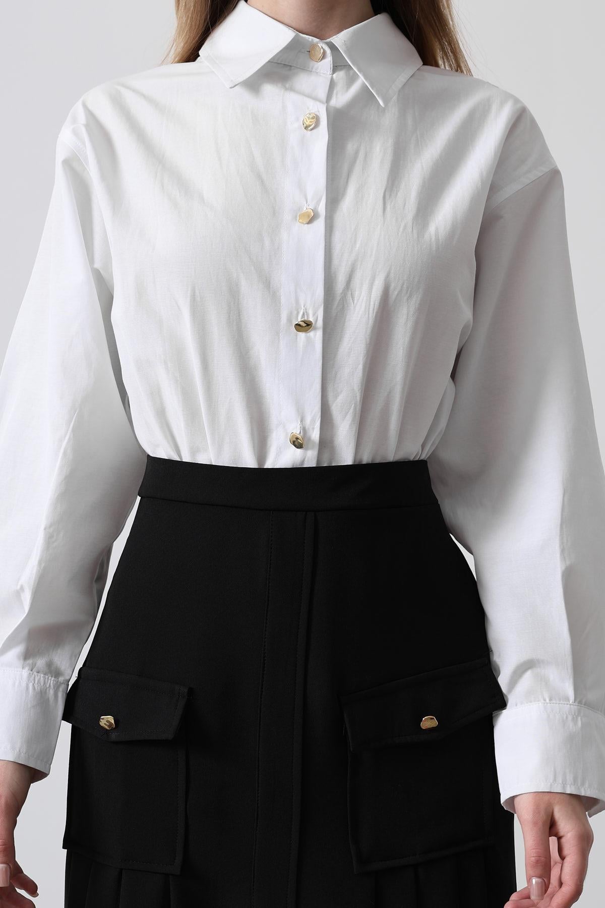 Rochie Cămașă Pliuri Contrast - Alb