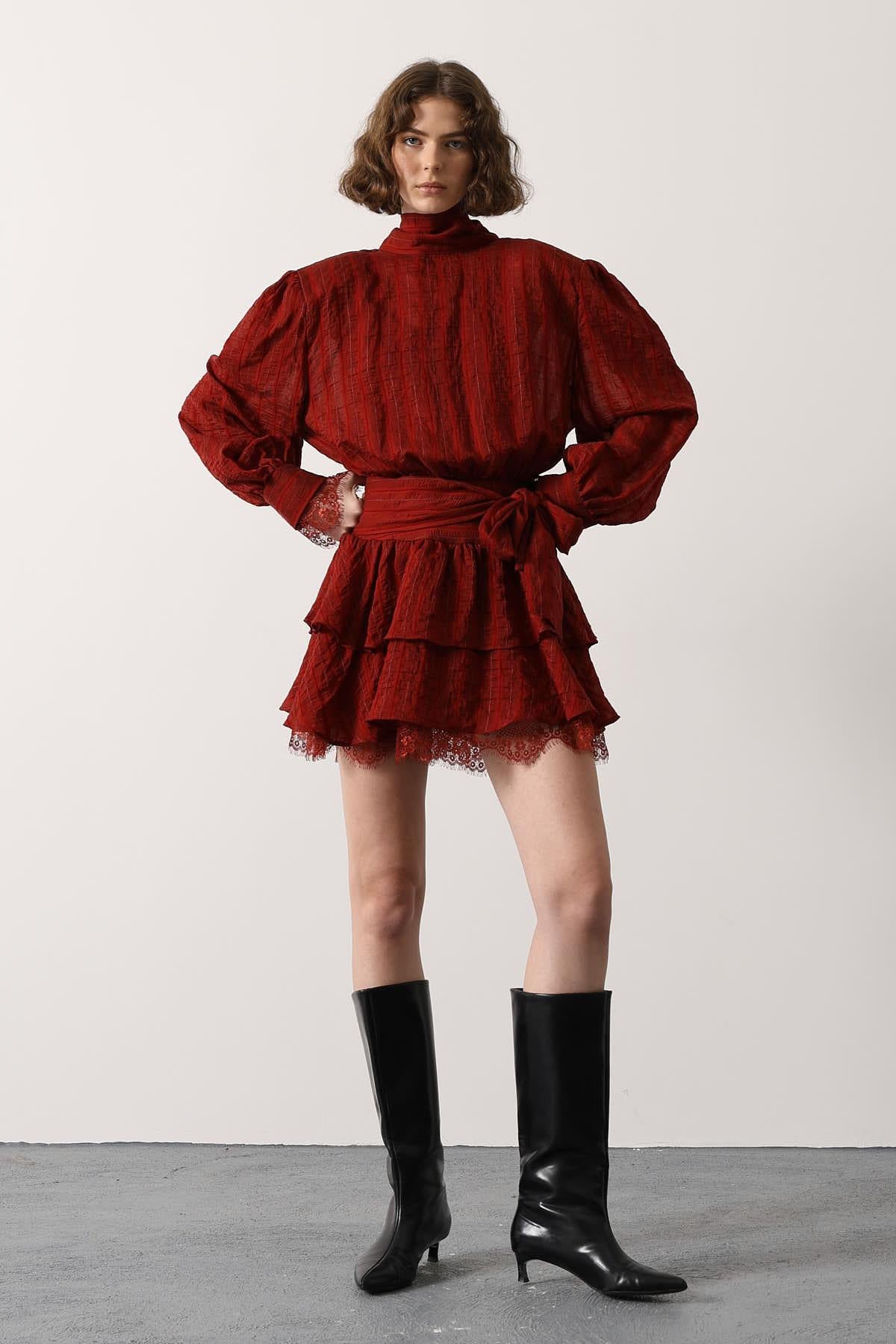 ROCHIE MINI CU DANTELĂ ȘI DUNGI - Bordo