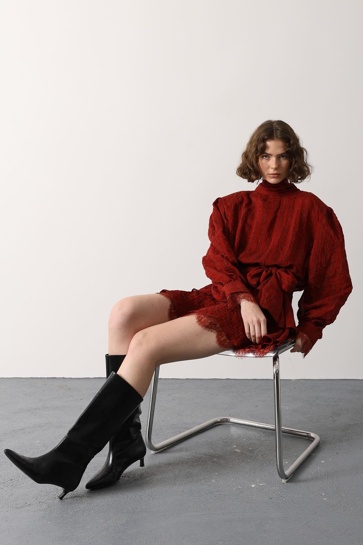 ROCHIE MINI CU DANTELĂ ȘI DUNGI - Bordo
