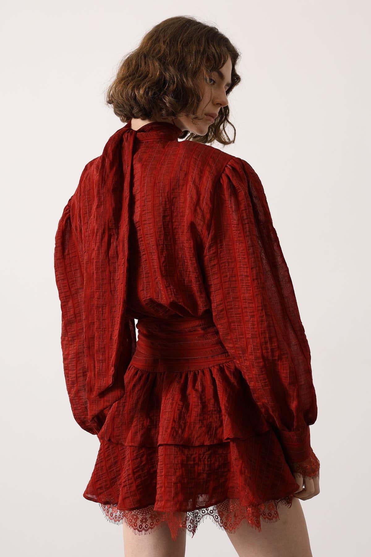 ROCHIE MINI CU DANTELĂ ȘI DUNGI - Bordo