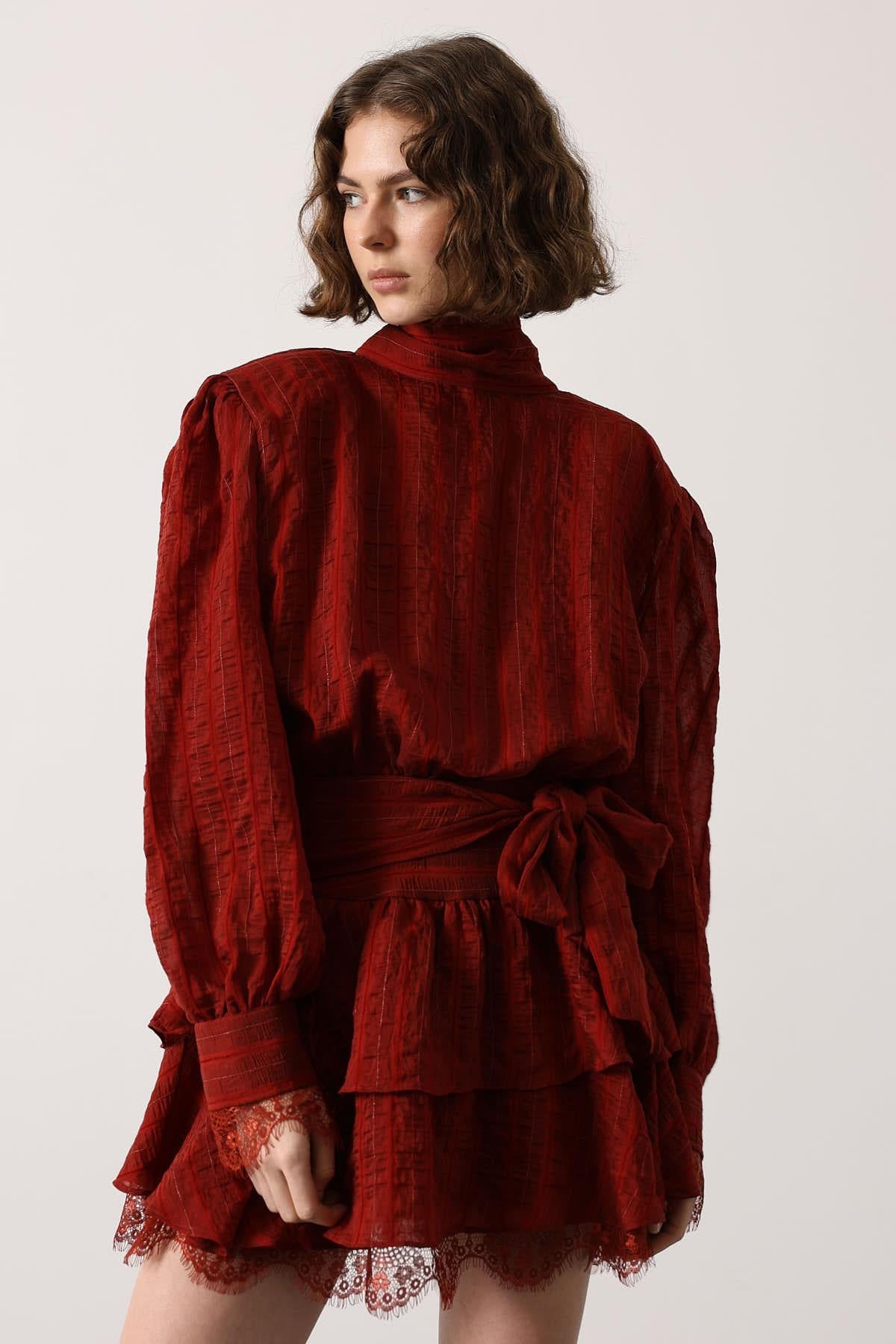 ROCHIE MINI CU DANTELĂ ȘI DUNGI - Bordo