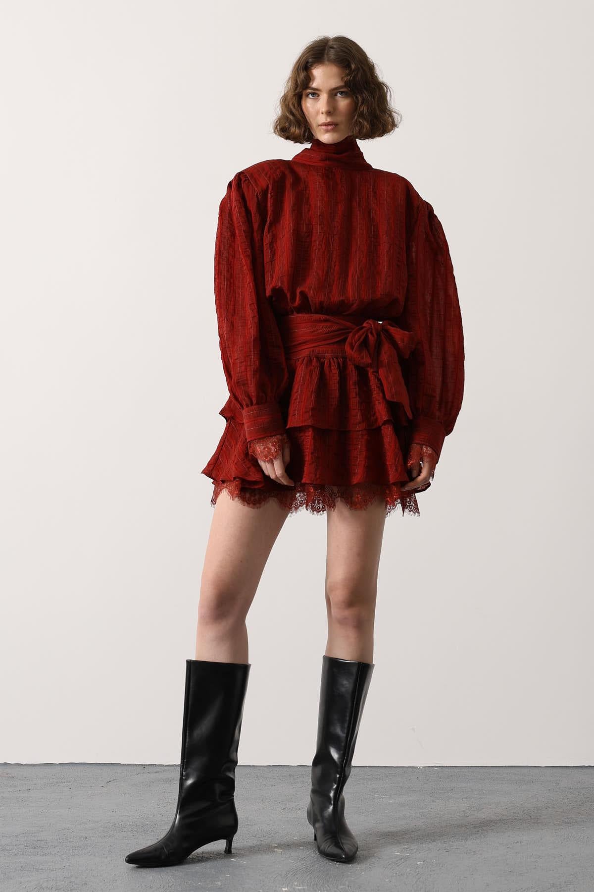 ROCHIE MINI CU DANTELĂ ȘI DUNGI - Bordo
