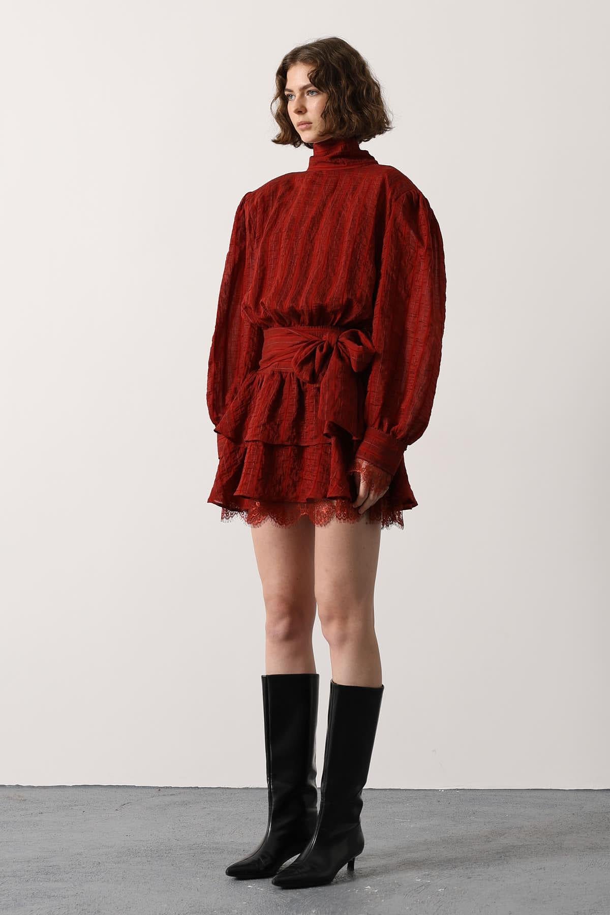 ROCHIE MINI CU DANTELĂ ȘI DUNGI - Bordo