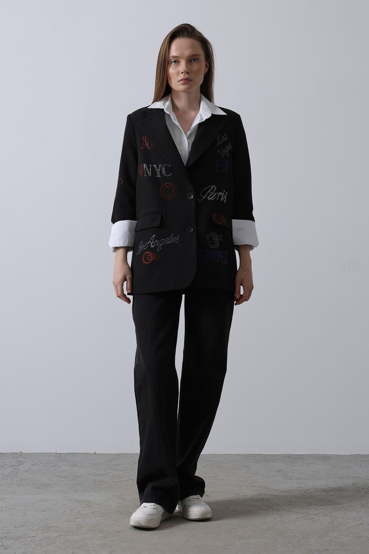 Taşlı Blazer Ceket - Siyah
