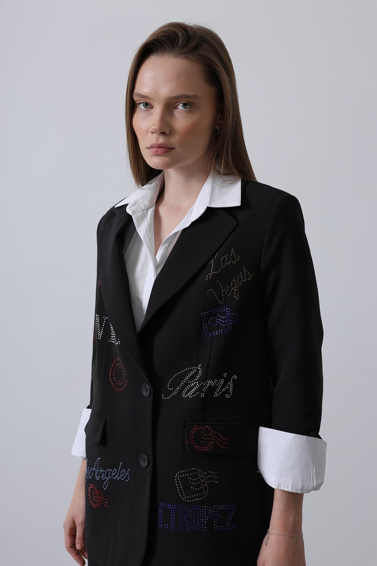 Taşlı Blazer Ceket - Siyah