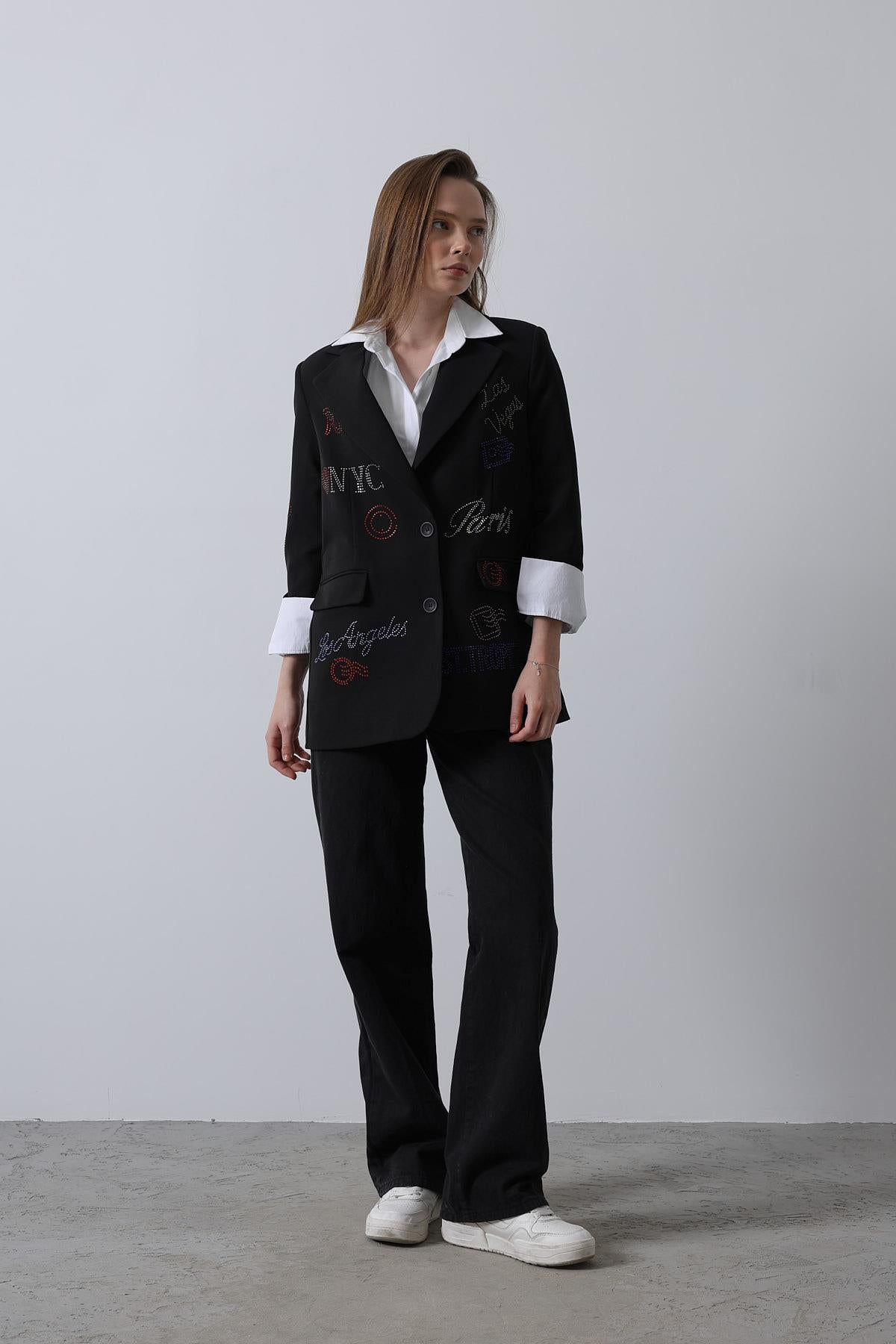 Taşlı Blazer Ceket - Siyah