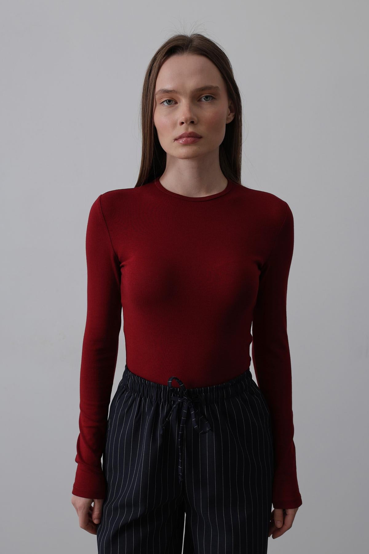 Top Crop Manecă Lungă - Bordo