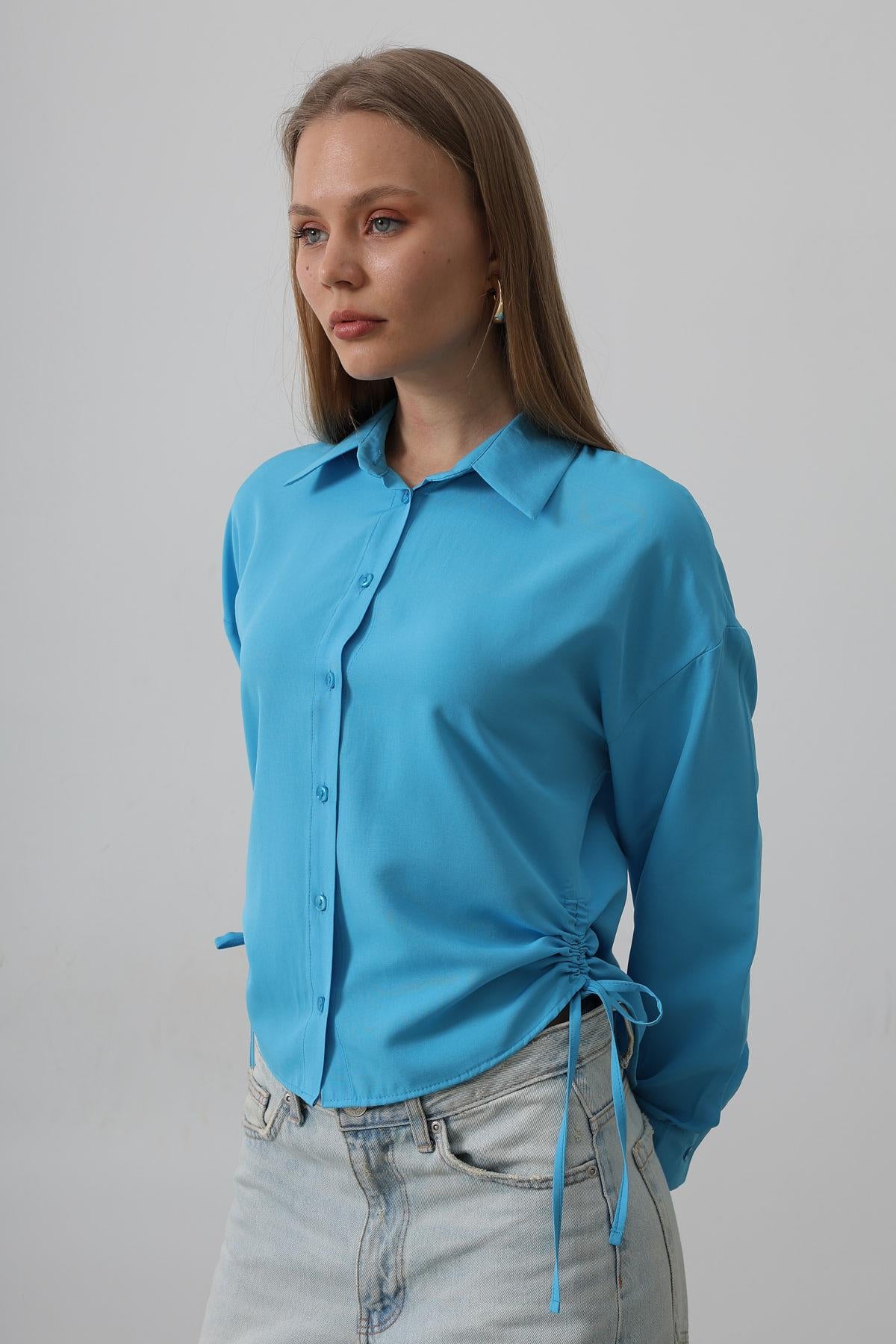 Cămașă Basic cu Legare Lateral - Turcoaz