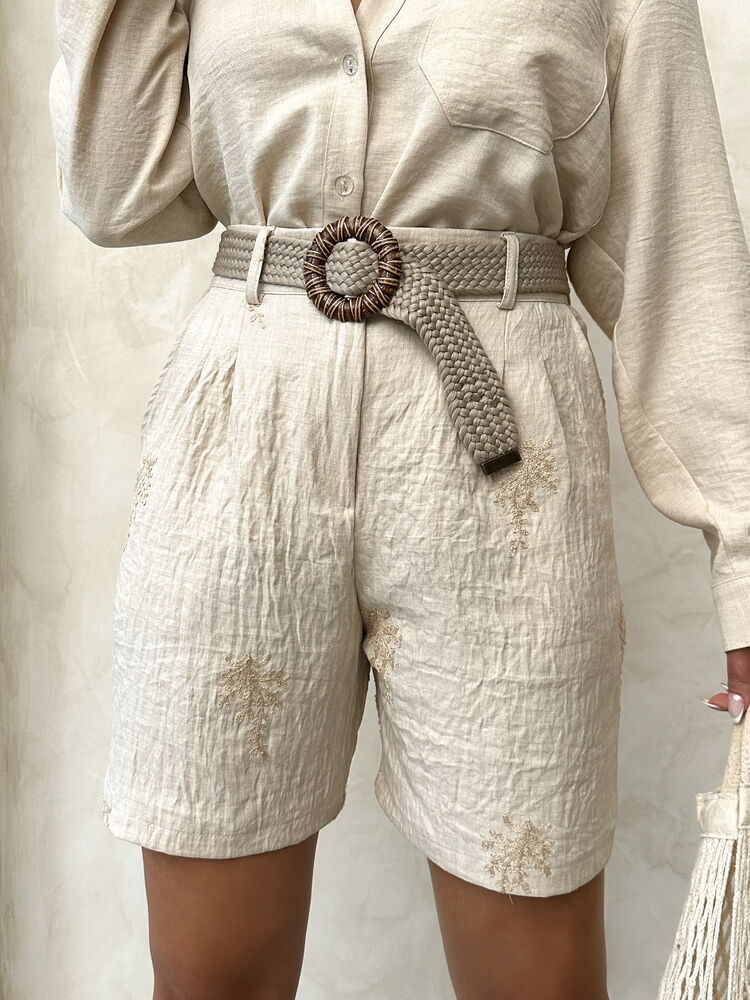 Embroidered Linen Shorts with Belt Detail - Stone | Topshow
