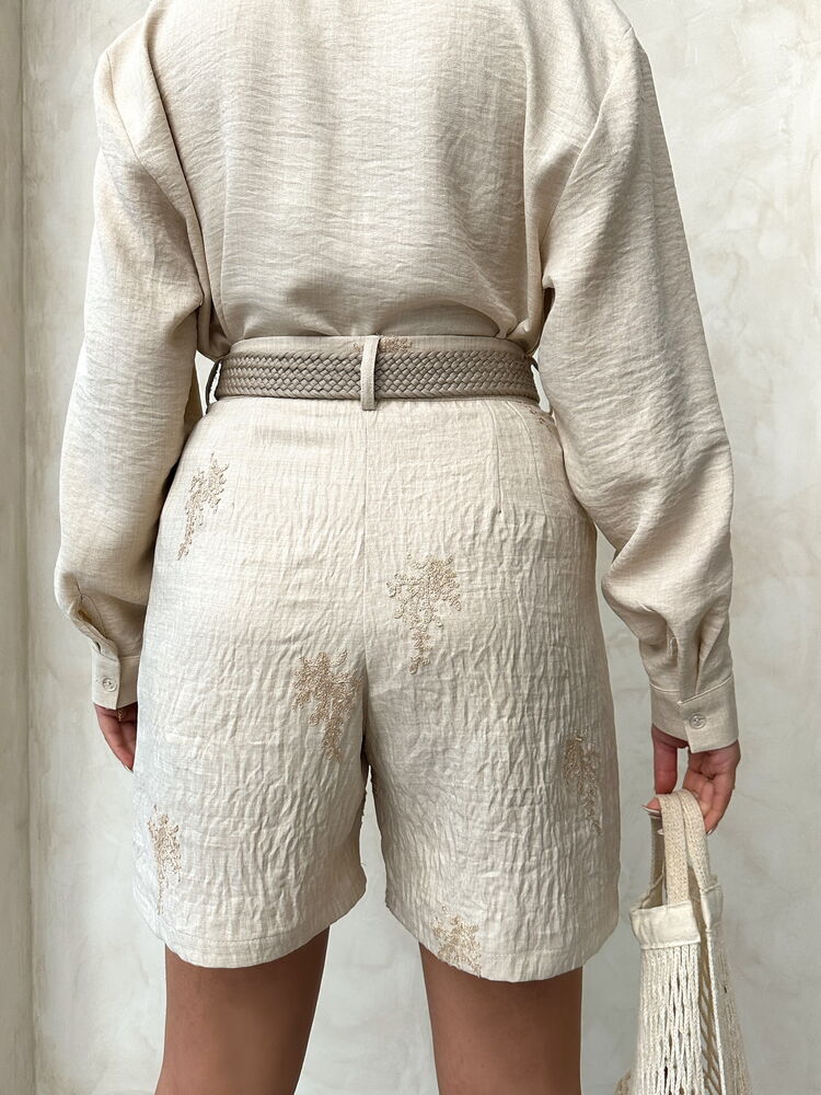 Embroidered Linen Shorts with Belt Detail - Stone | Topshow