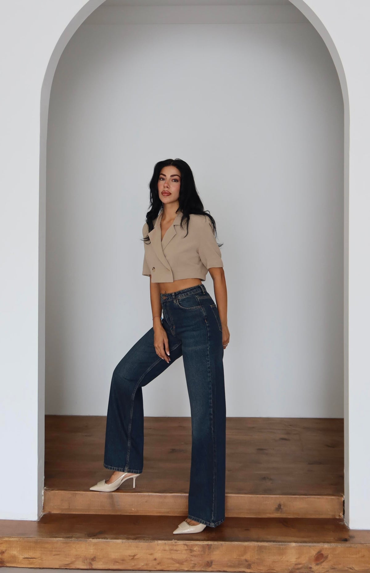 Pantaloni Jean Cafea cu Talie Înaltă, Croială Largă
