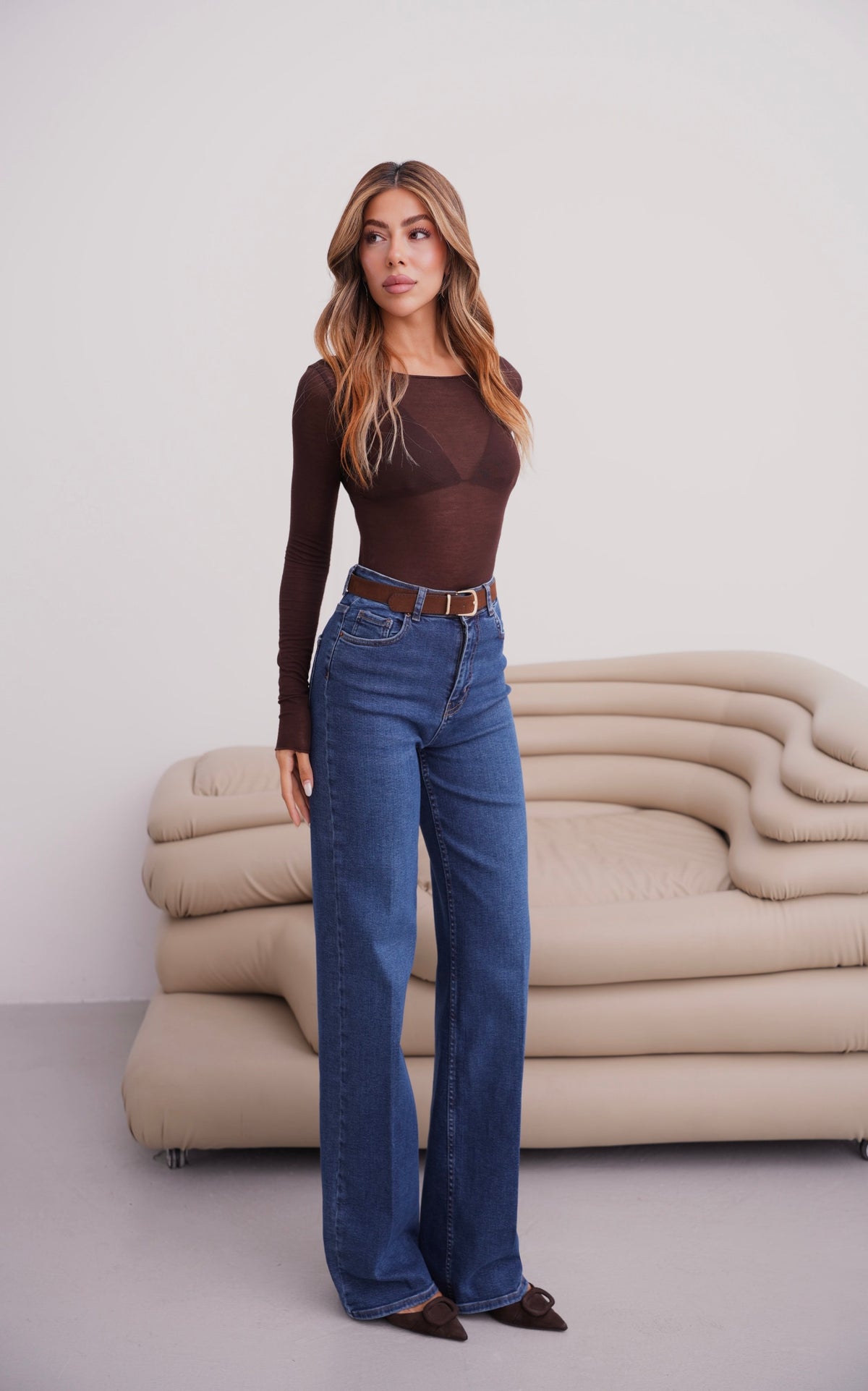 Yüksek Bel Wıde Leg Kalıp Kemer Detaylı Dark Blue Jean Pantolon