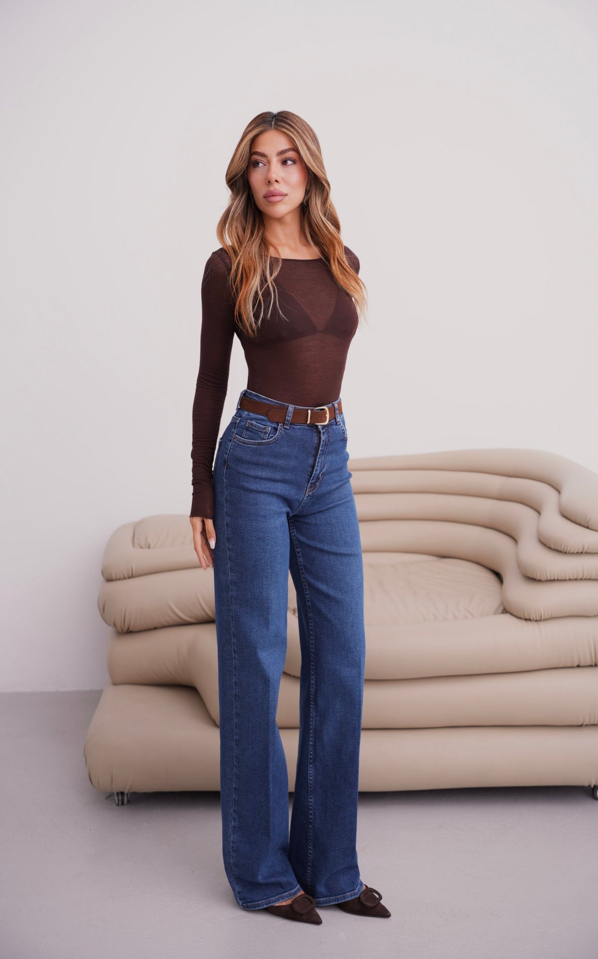 Yüksek Bel Wıde Leg Kalıp Kemer Detaylı Dark Blue Jean Pantolon