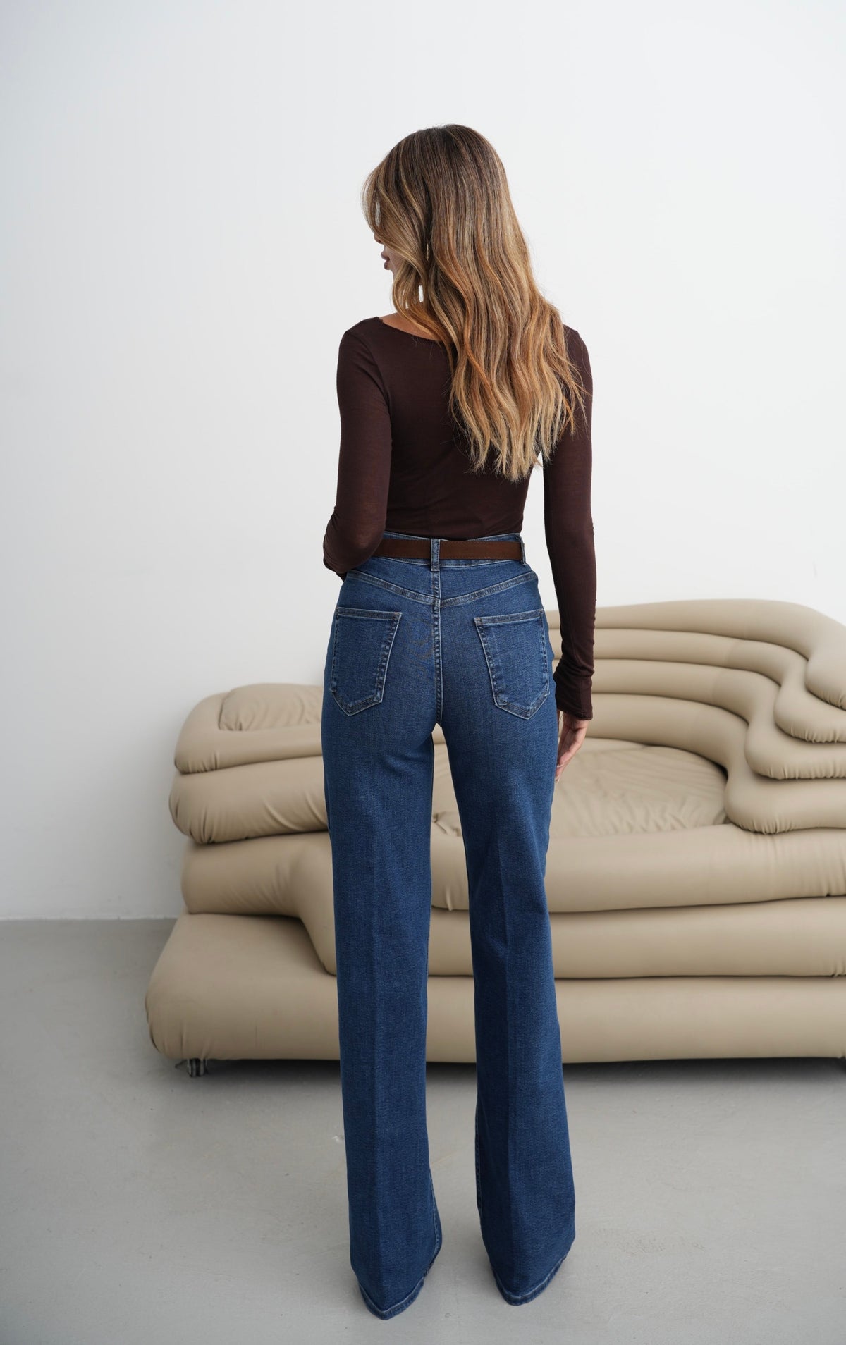 Yüksek Bel Wıde Leg Kalıp Kemer Detaylı Dark Blue Jean Pantolon