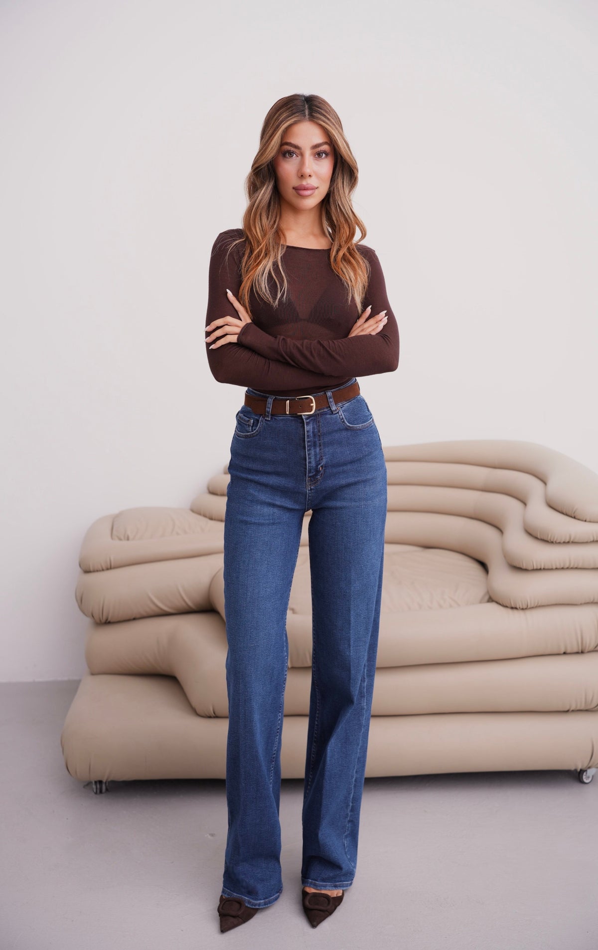 Yüksek Bel Wıde Leg Kalıp Kemer Detaylı Dark Blue Jean Pantolon