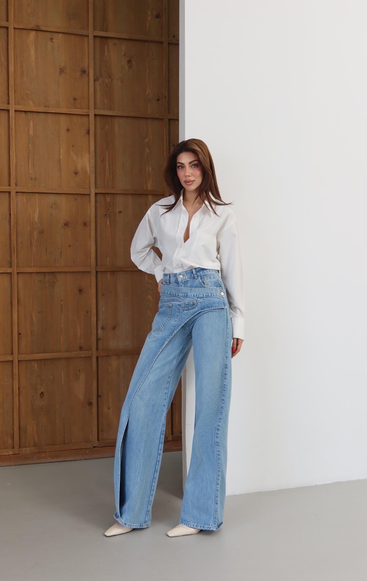Yüksek Bel Ön Çapraz Kapama Detaylı Blue Jean Pantolon
