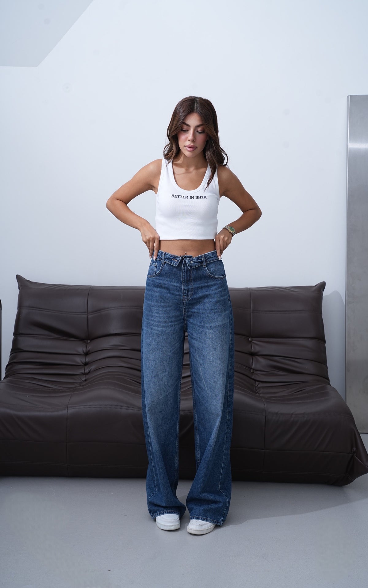 Yüksek Bel Ters Kemer Bel İp Detaylı Dark Blue Jean Pantolon