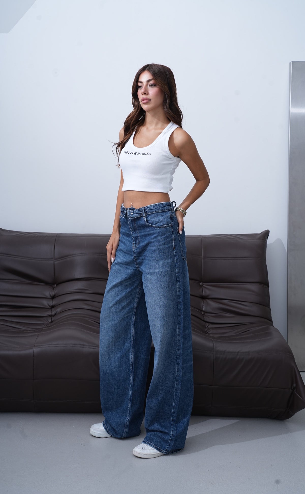 Yüksek Bel Ters Kemer Bel İp Detaylı Dark Blue Jean Pantolon