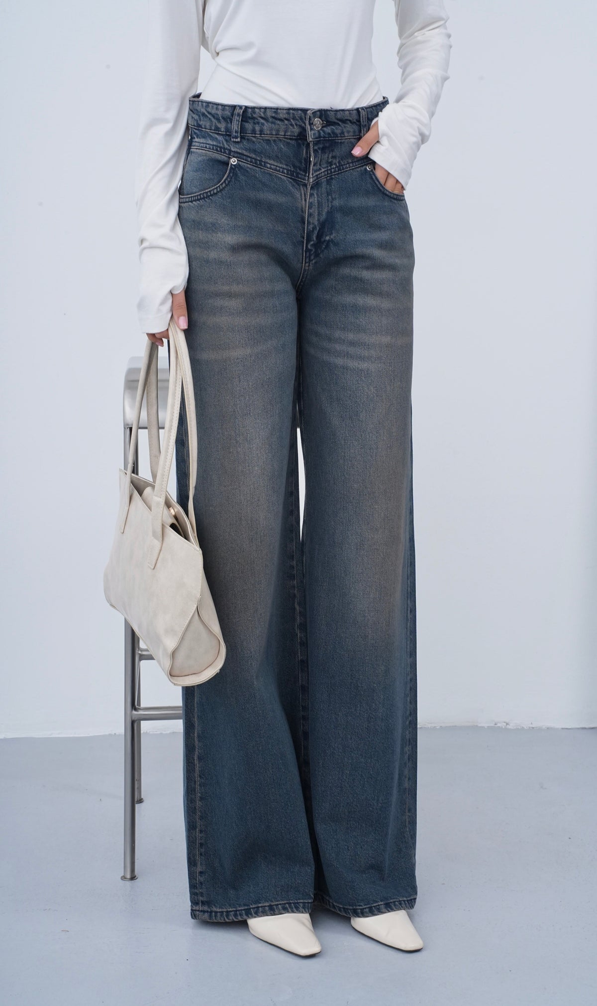 Ön Conta Detaylı Wıde Leg Kalıp Blue Black Jean Pantolon