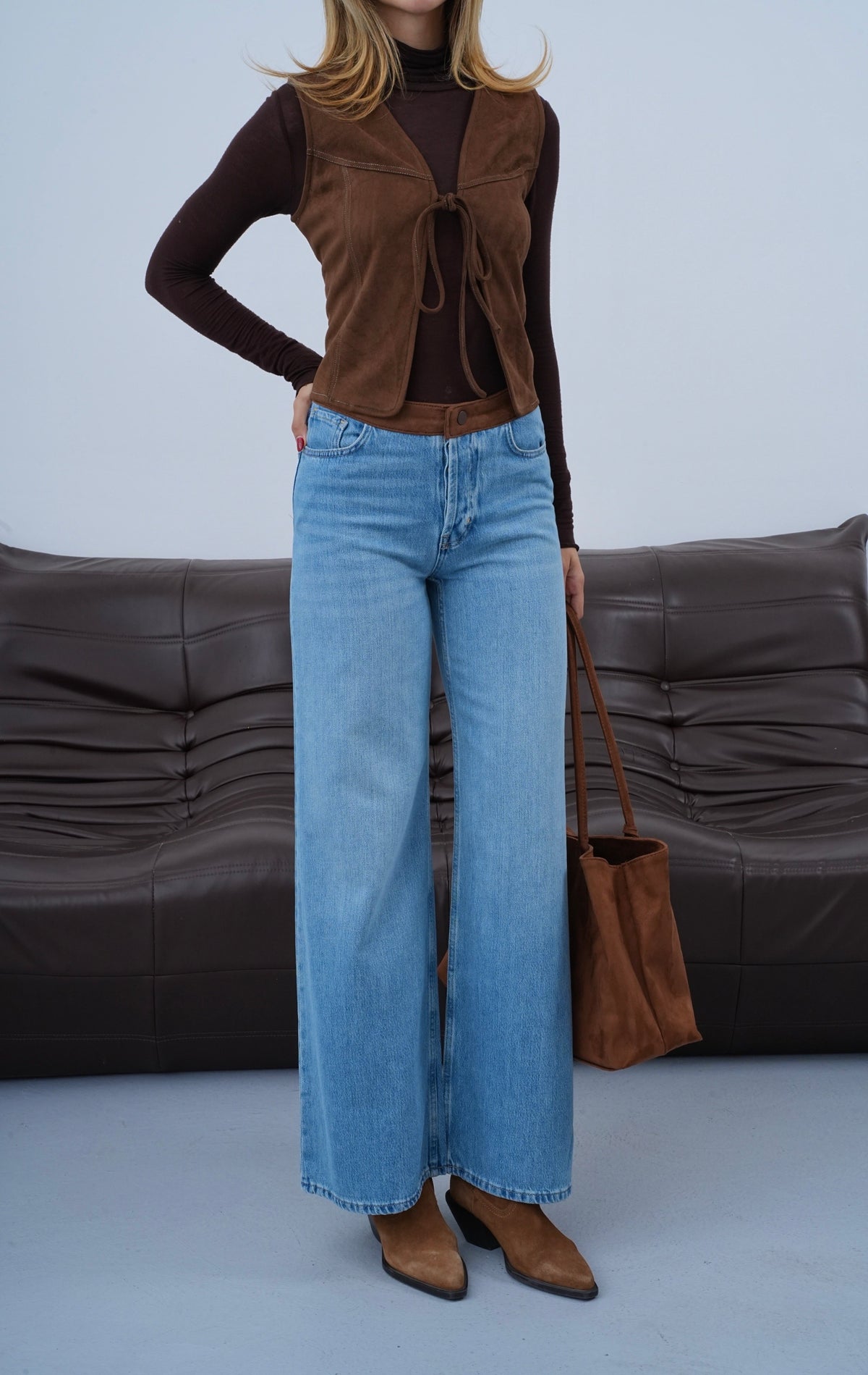 Yüksek Bel Wide Leg Kalıp Süet Kemer Detaylı Blue Jean Pantolon