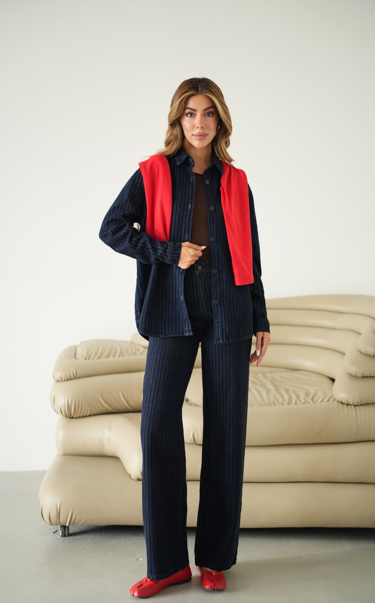 Wıde Leg Kalıp Simli Flok Kumaş Kadın Navy Blue Jean