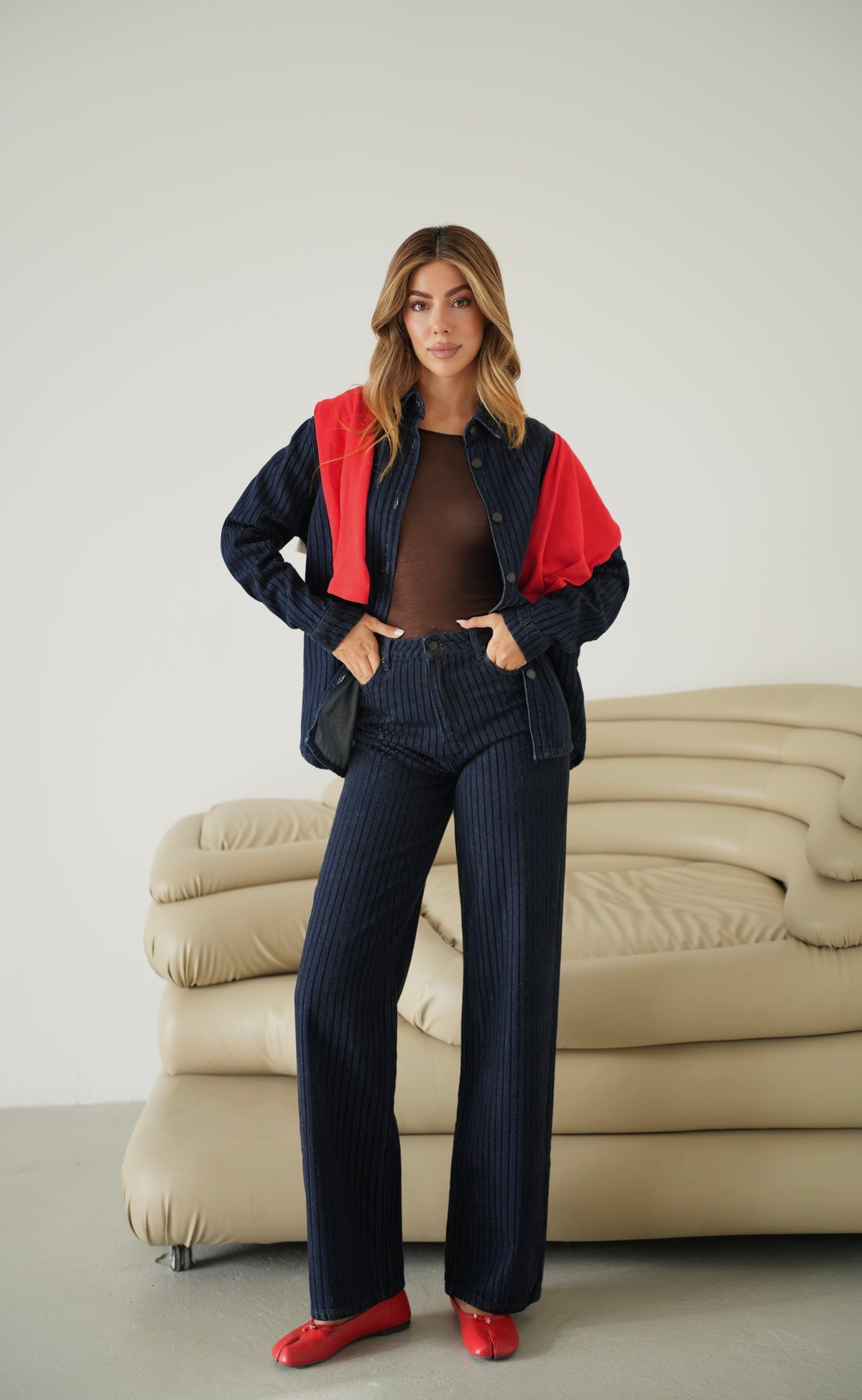 Wıde Leg Kalıp Simli Flok Kumaş Kadın Navy Blue Jean