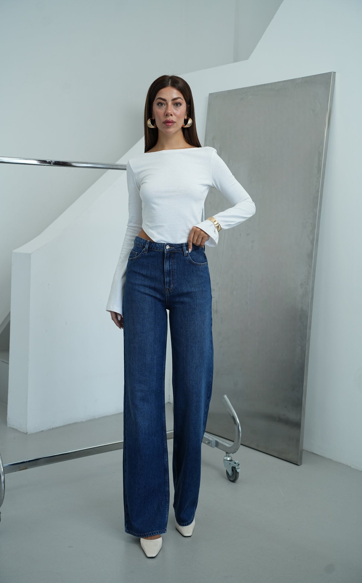 High Waist Wide Leg Fit Dark Blue Jeans