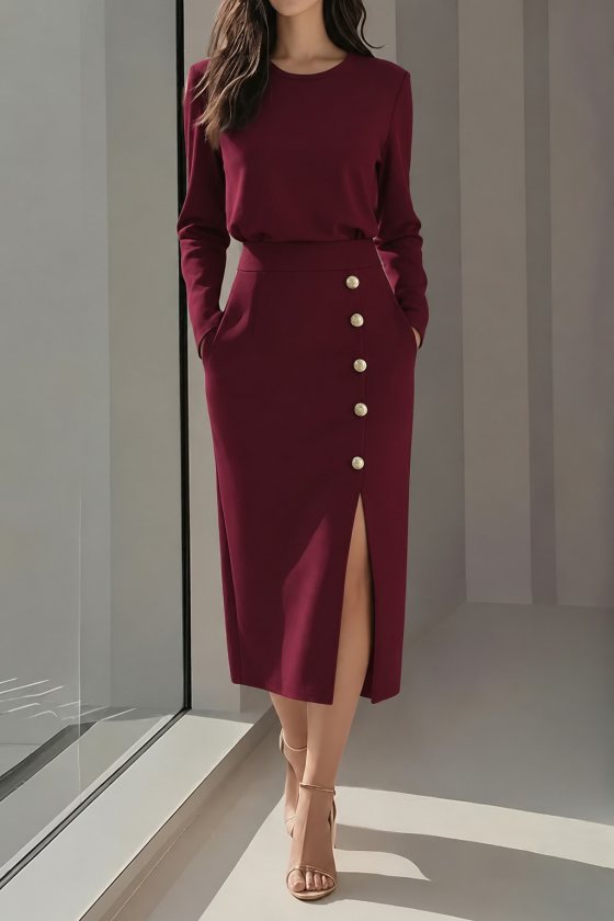 Rochie midi slim fit din crep importat, cu mânecă lungă, decolteu rotund, crăpătură laterală, cu nasturi, 38811