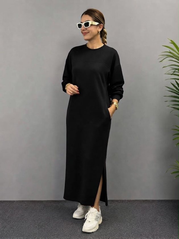 Rochie de damă cu mânecă lungă, guler rotund, buzunare și două crăpături laterale, confecționată din viscoză cu două fire, 38858