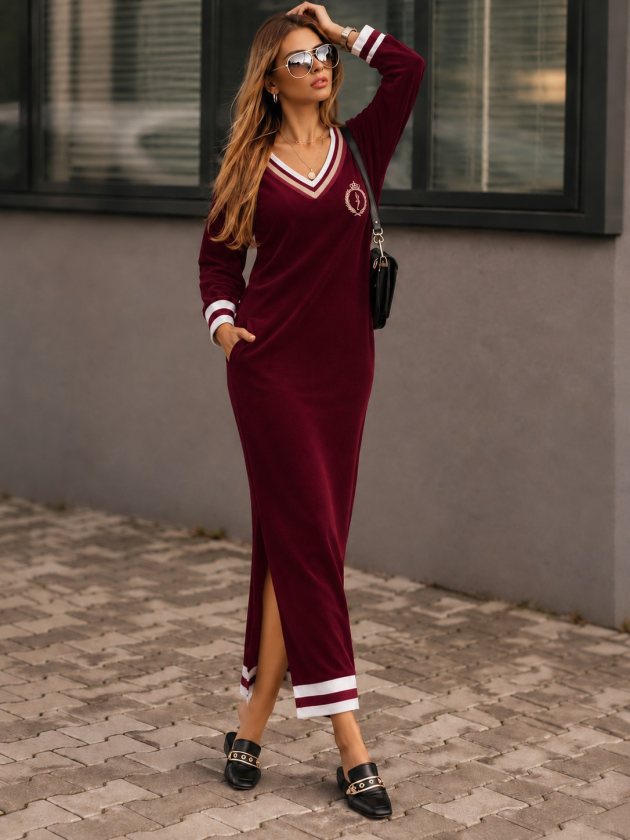 Rochie lungă din catifea, cu mânecă lungă, decolteu în V, crăpături laterale și buzunare, 38901