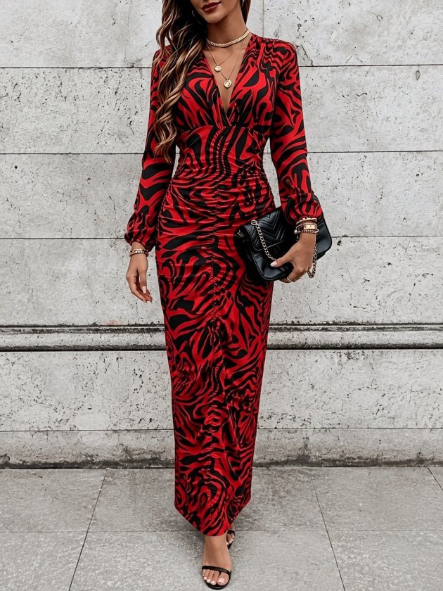 Rochie lungă de damă din bumbac, cu mânecă lungă, guler înfășurat, talie încrețită, model scuba, 38909