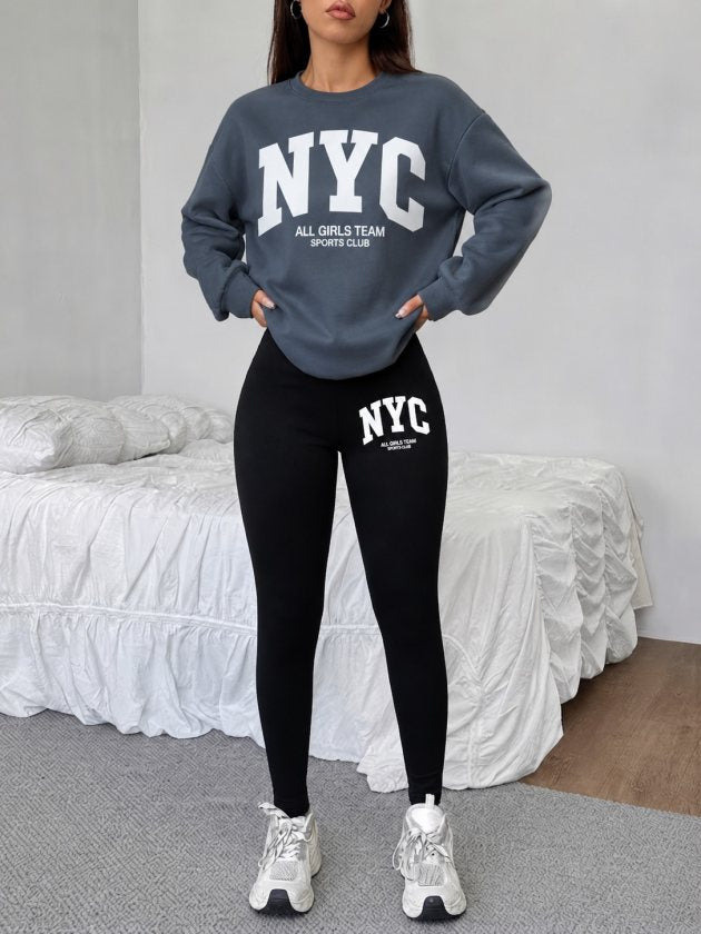 Set de două piese pentru femei, bluză cu mânecă lungă, guler rotund, din viscoză, cu două fire și pantaloni/colanți din fleece periat, 38912
