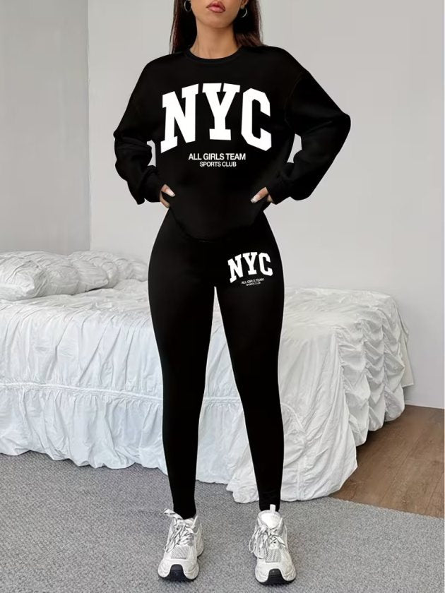 Set de două piese pentru femei, bluză cu mânecă lungă, guler rotund, din viscoză, cu două fire și pantaloni/colanți din fleece periat, 38913
