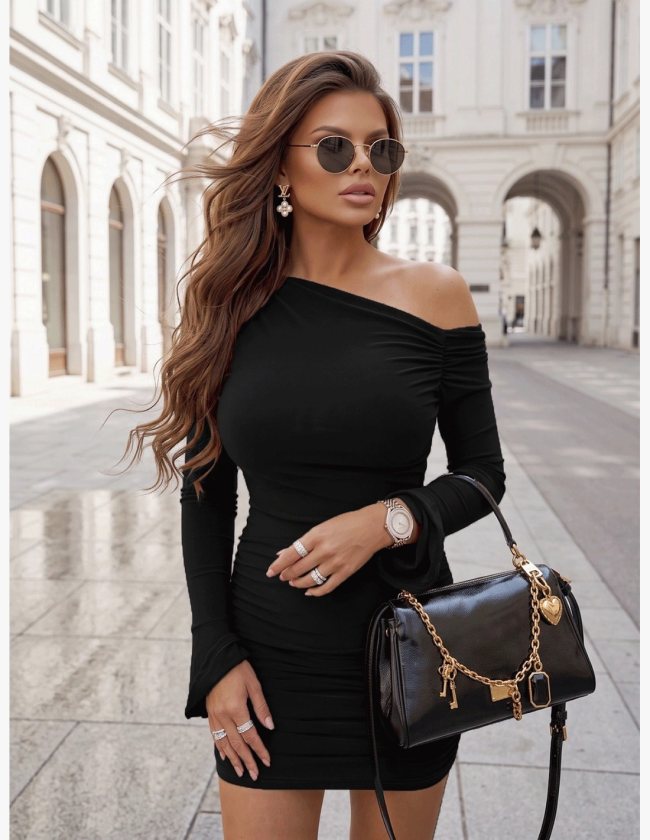 Rochie scurtă de damă, cu un singur umăr, de culoare nisip, cu mâneci încrețite și cu volane, 38933