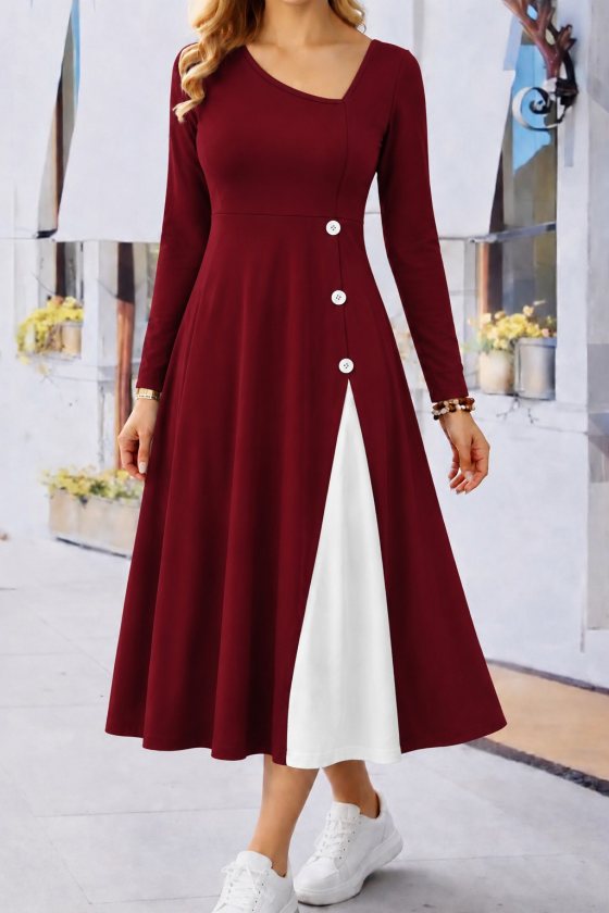 Rochie midi evazată din viscoză, cu mânecă lungă, guler asimetric și nasturi, 38994