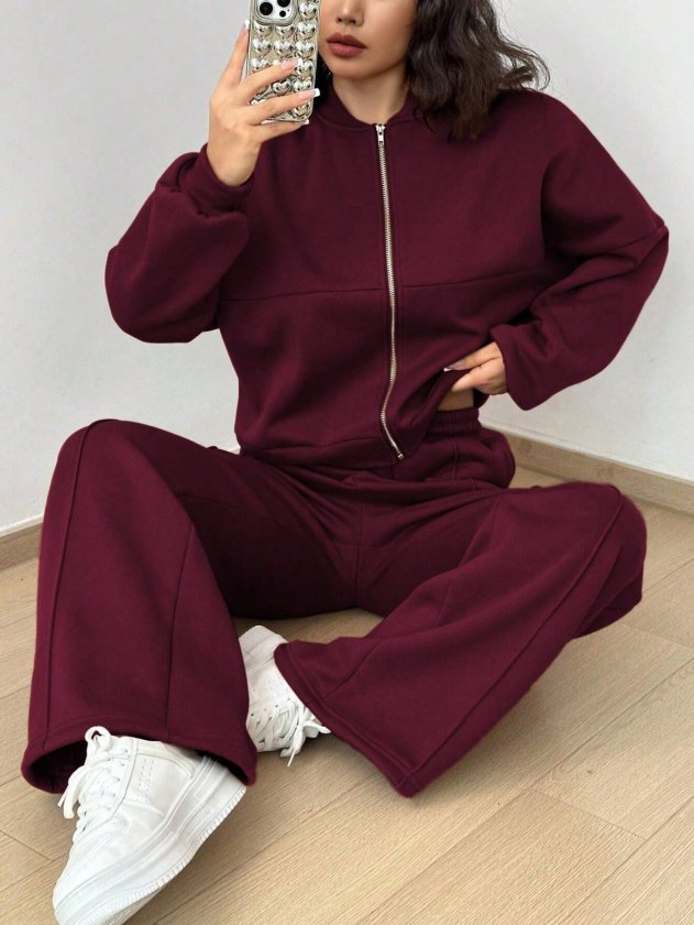 Set de două piese pentru femei, bluză și pantaloni din modal, cu mânecă lungă și fermoar frontal, 39031