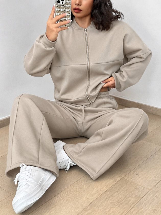 Set de două piese pentru femei, bluză și pantaloni din modal, cu mânecă lungă și fermoar frontal, 39032