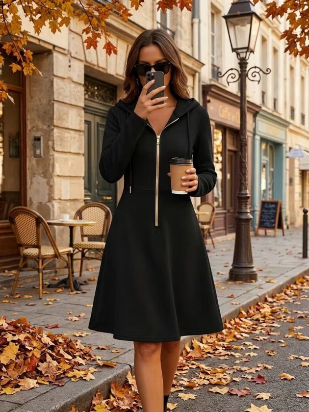 Women's Long-Sleeve Hooded Drawstring Zipper Short Modal Dress, 39033