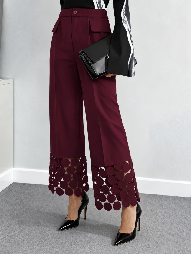 Women's High-Waisted Imported Crepe Trousers with Pockets and Laser-Cut Details, 39043