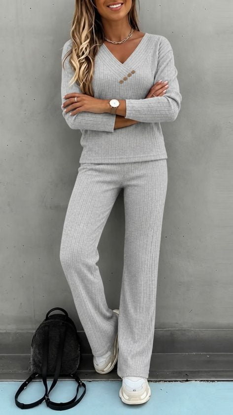 Set de două piese pentru femei, bluză și pantaloni din tricot periat, cu mânecă lungă, decolteu în V și croială, 39045