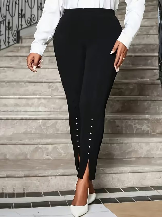 Women's High-Waisted, Slit Hem and Pearl Detailed Imported Crepe Trousers, 39046