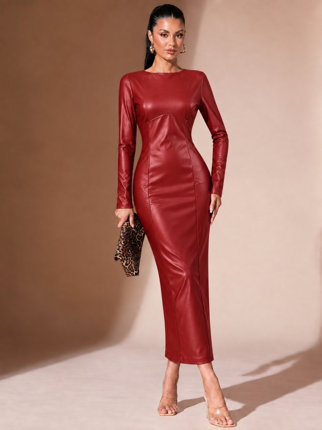 Rochie de damă din piele, cu mânecă lungă și decolteu tip barcă, croială slim, 39060