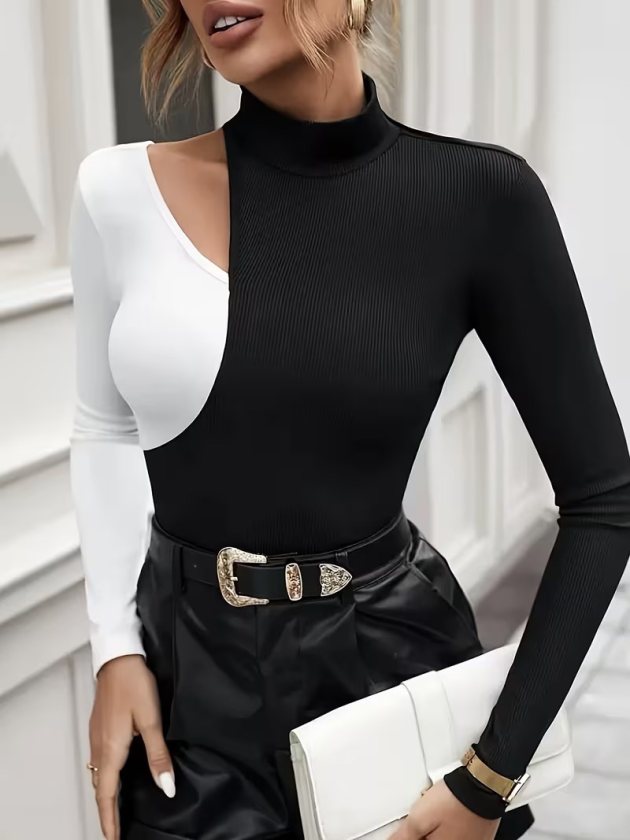 Bluză pentru femei cu guler înalt, mânecă lungă, detalii geometrice pe umeri și corset bicolor, 39092