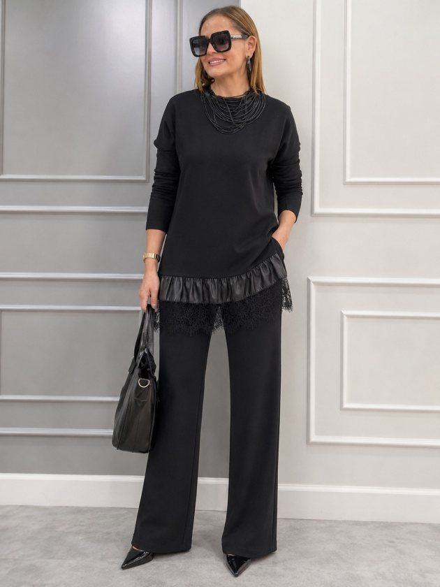 Set de bluză și pantaloni cu mânecă lungă, guler rotund și detalii din piele și dantelă pentru femei, 39095